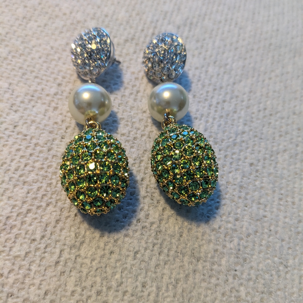 Joan Boyce Bright Green Pave Swarovski Crystal Egg and Pearl Earrings